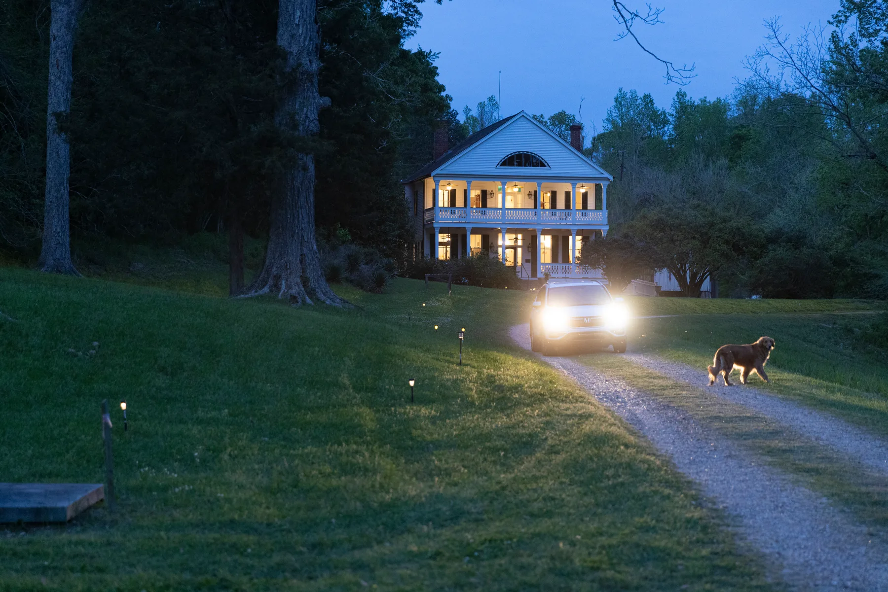 The home at dusk seen from the live oak drive